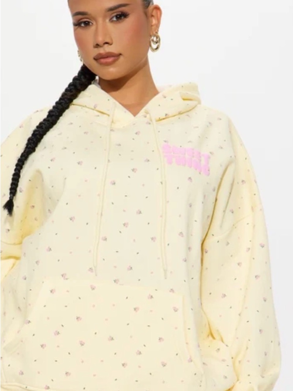 Fashion Nova Pale Yellow Floral Hoodie with Pink Logo